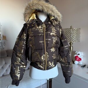 Apple Bottoms Brown and Gold Puffer Jacket with Faux Fur Hood